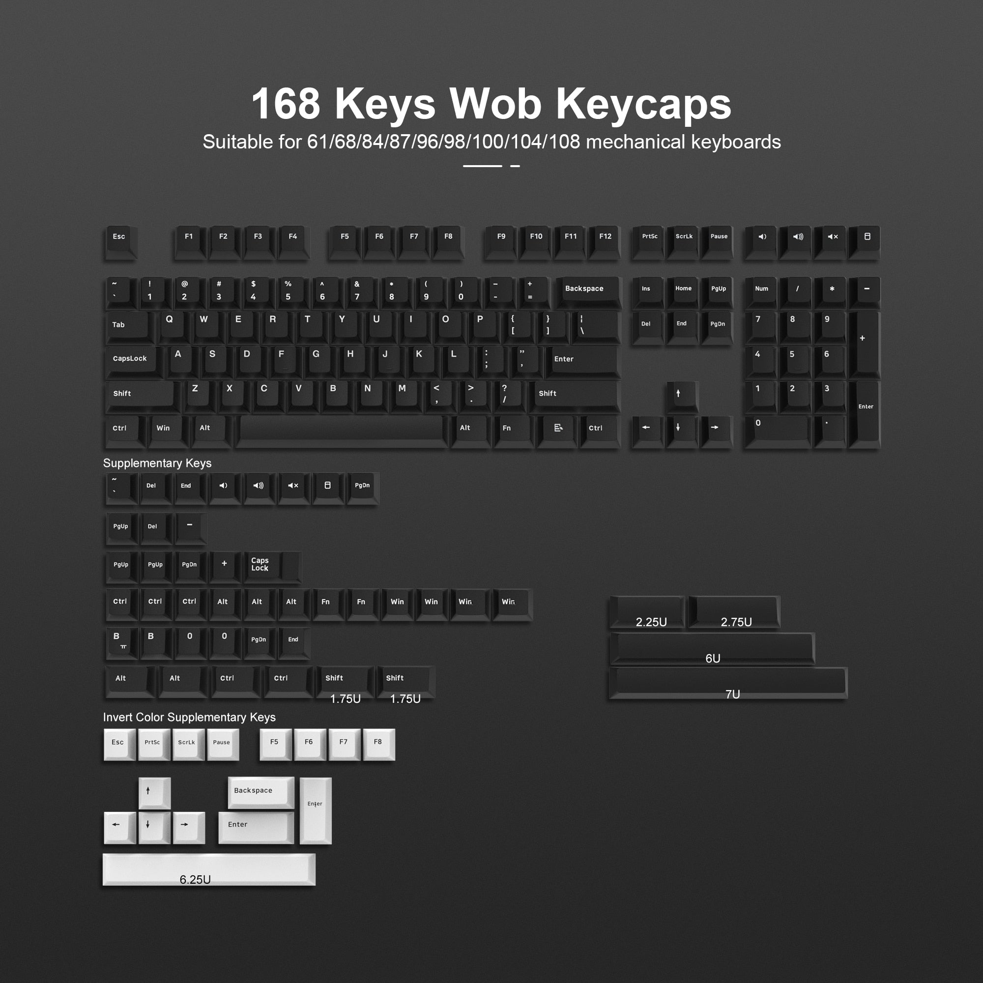 132 Keys Double Shot PBT Keycaps Keycaps Custom Keyboards UK 168 Black & White