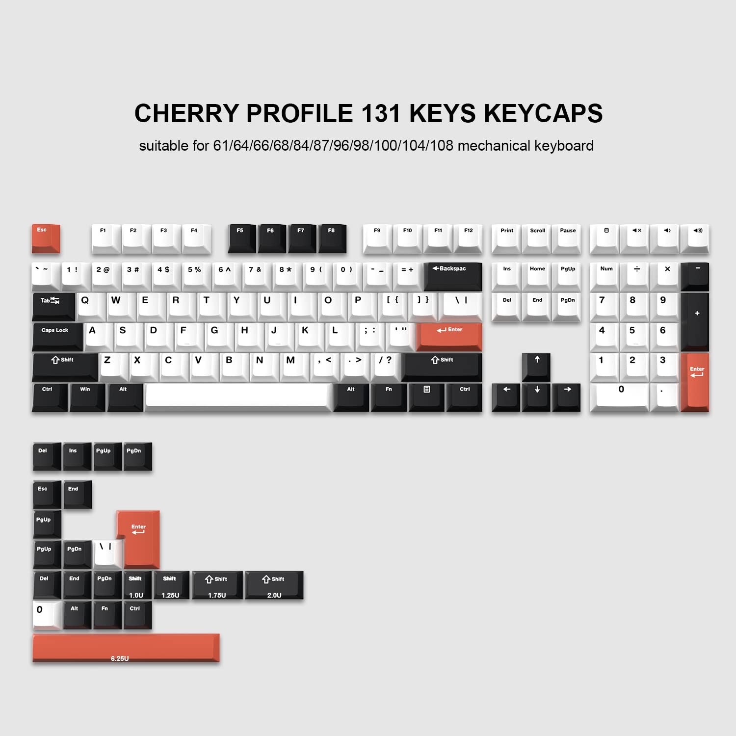 132 Keys Double Shot PBT Keycaps 0 Custom Keyboards UK 131 White & Black  